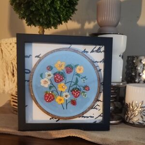 Floral Strawberry Mixed Media Art in Black Frame